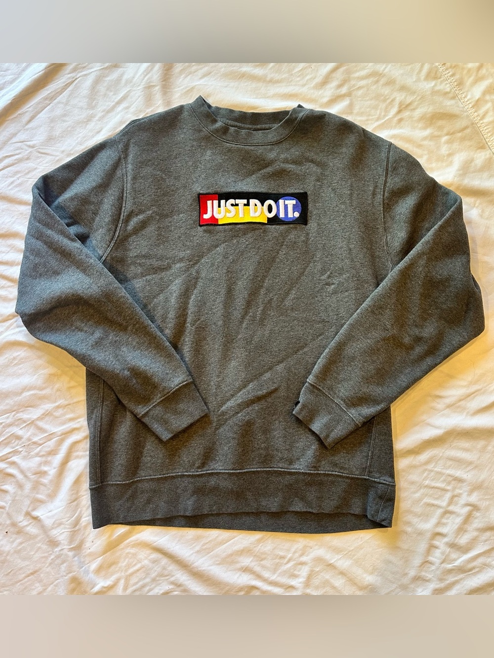 EUC Nike Gray Crewneck Sweater with Multicolor "Just Do It" Patch—Large